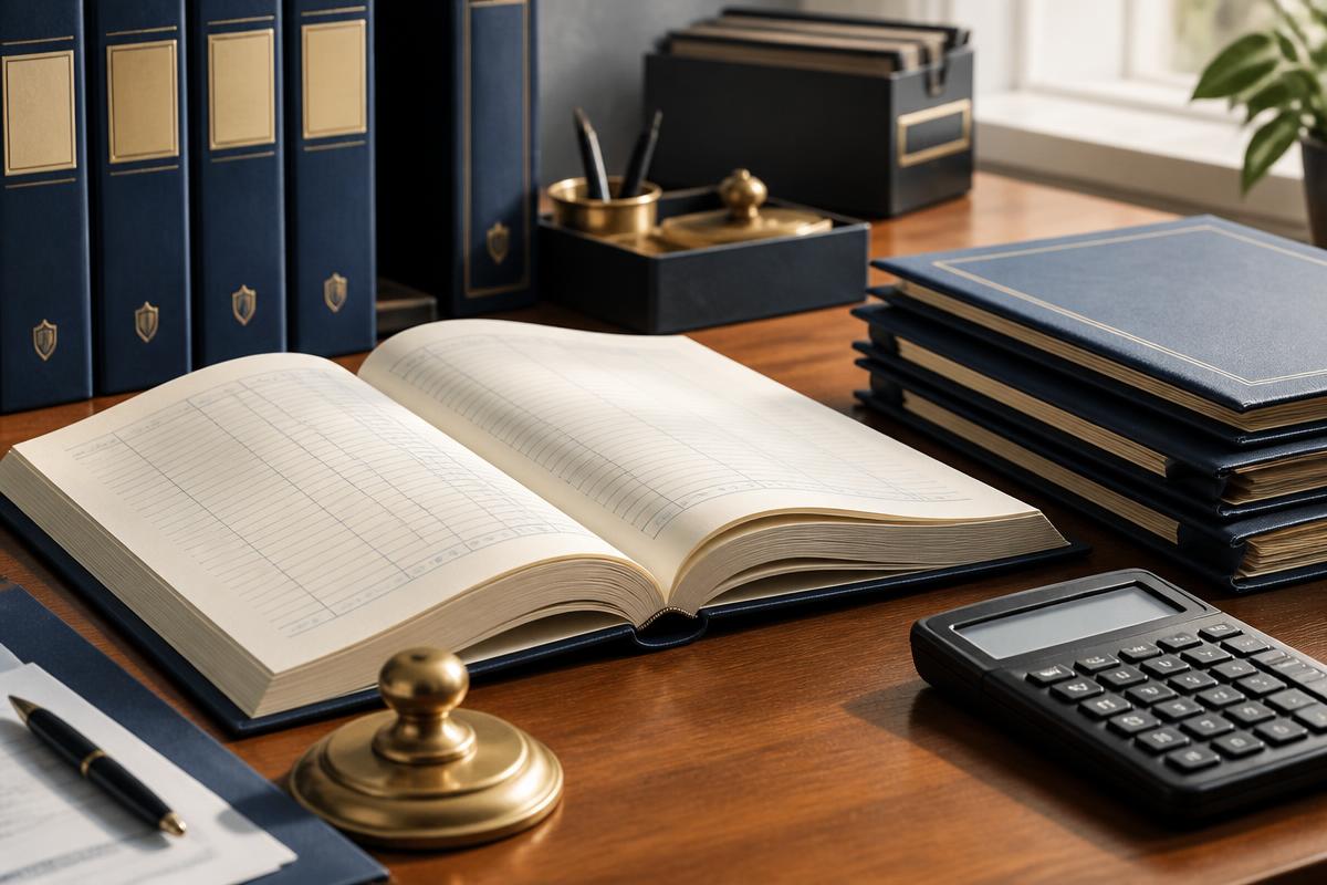 An open underwriting ledger, policy folders and a calculator on a wooden desk